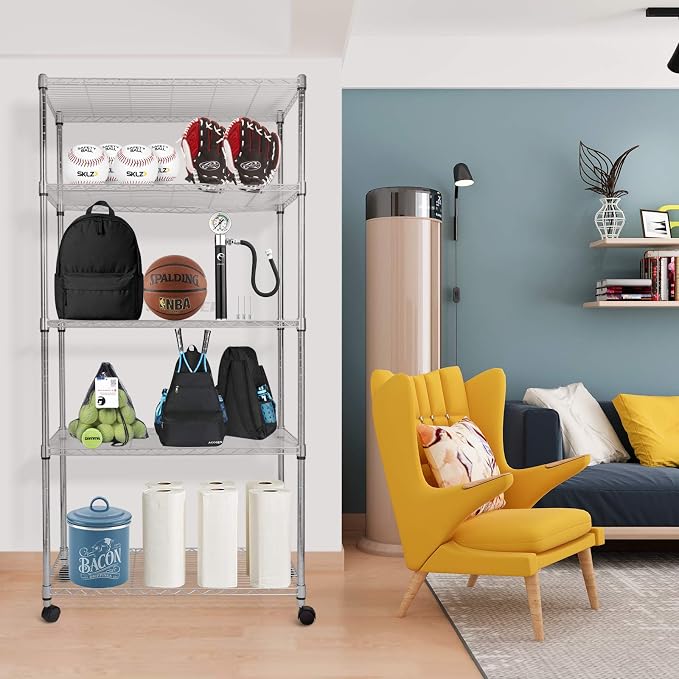 HealSmart Heavy Duty 5-Shelf Storage Shelves, 1750Lb Loading Capacity, 35.43" W x 17.72" D x 70.87" H Adjustable Shelving Unit with Wheels, Chrome