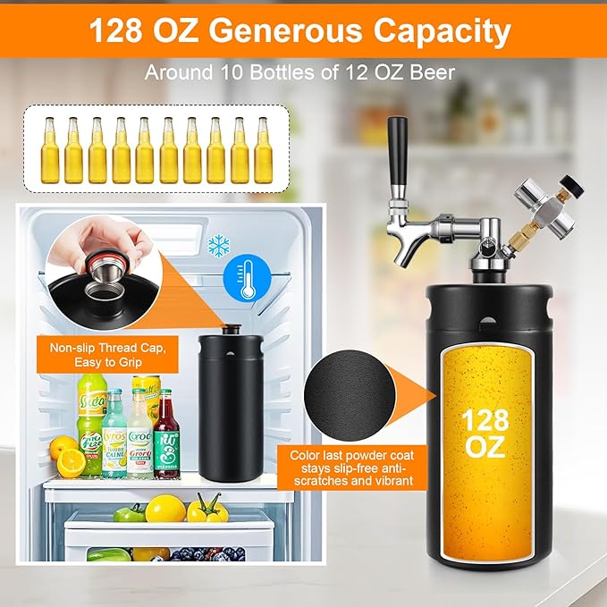Hgkeke128OZ Mini Keg Growler,Stainless Steel Beer Keg Tap System Portable Draft Beer Dispenser to Keep Fresh and 55PSI CO2 Pressure Growler Carbonation, Beer Tap System for Homebrew,Camping,BBQ(Black)