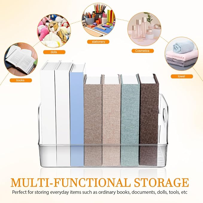 NUOBESTY Clear Storage Bins with Handle Plastic Book Organizer Basket for Classroom Library Office Home Stationery 13.4X8.5X5.9 Inch