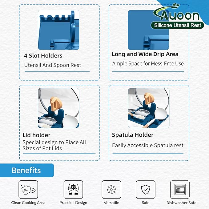 Auoon Silicone Spoon Rest with Lid Holder, 3-in-1 Kitchen Utensil Rest for Soup Ladles, Pot Lids, Spatulas, Spoons, Tongs, BPA Free & Dishwasher Safe, 8.26 x 8.06 Inch (Fog Blue, Large)