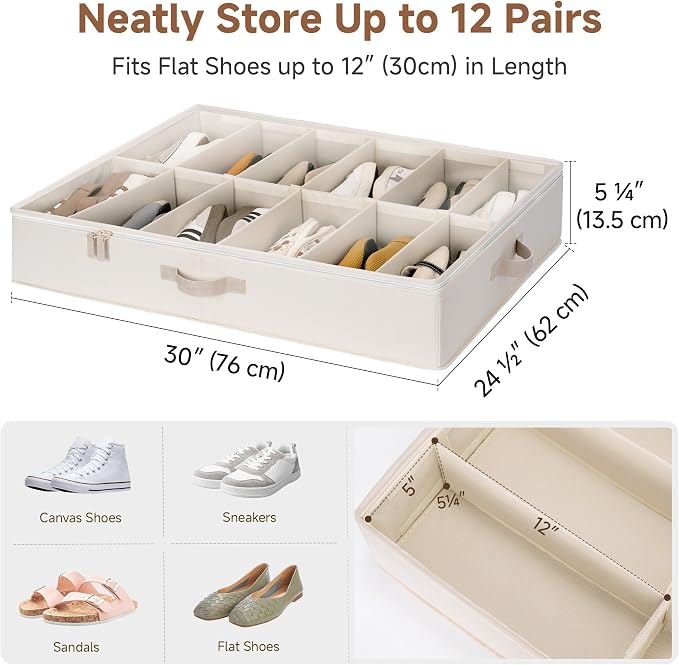 StorageWorks Underbed Shoe Storage Organizer, Fits up to 24 Pairs, Ivory | Cottlyn Fabric, Adjustable Dividers, 5.25" Height, Fits 6-inch+ Clearance, Clear Top, Soft Handles, For Closet, Bedroom