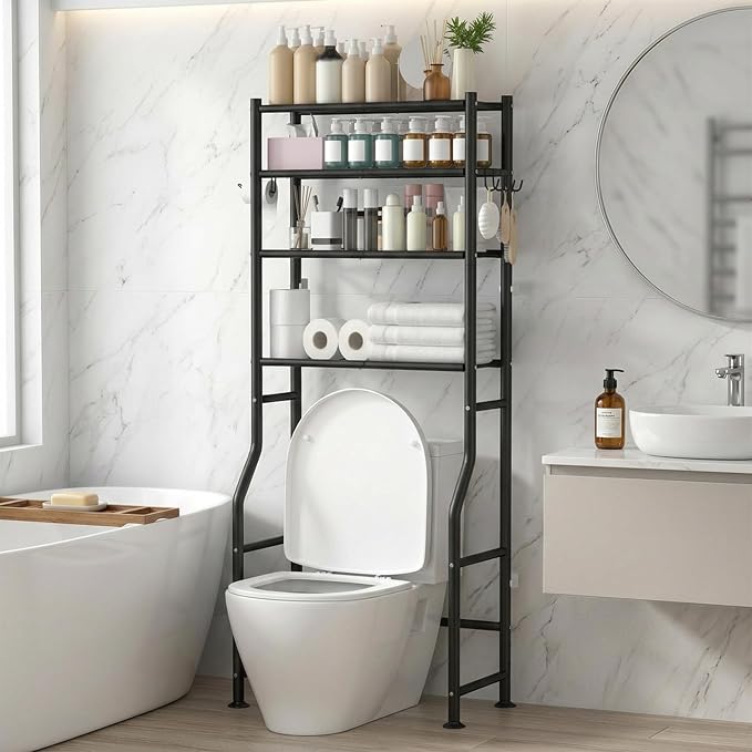 GloTika 4-Tier Over Toilet Storage with Anti-Tilt Safety System - 150lb Total Capacity Metal Bathroom Shelves Including Paper Holder & 4 Hooks, Space Saving Above Commode Organizer (64" H, Black)