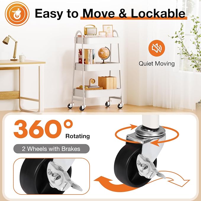 NEWBULIG 3-Tier Metal Rolling Cart with Lockable Wheels, Heavy Duty Mobile Utility Storage Shelf, Roller Book Snack Cart, Organization for Livingroom, Bathroom, Office, White