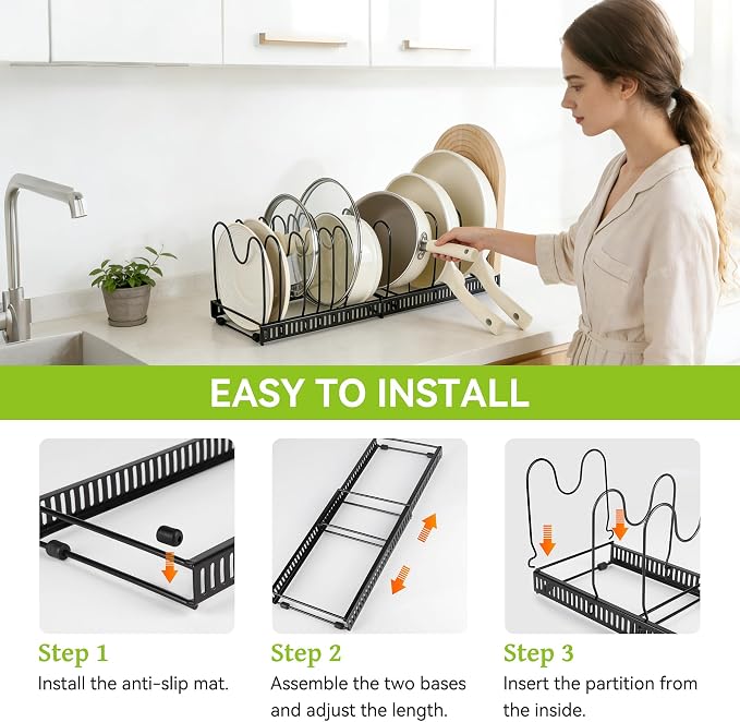 Fyvva Pots and Pans Organizer under Cabinet Expandable 14 Dividers Black | Pot Lid Organizer, Adjustable Dividers, Tool Free Install, Non Slip & Rustproof, Secure Dividers, 11.8"-22.8", Under Sink