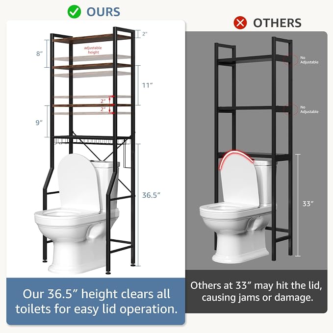 DUMOS Over-The-Toilet Storage Rack, 4-Tier Bathroom Organizer with Basket | Freestanding Above Toilet Storage Cabinet with Adjustable Shelf, Space Saver Bathroom Cabinet with 3 Hooks for Rooms, Brown