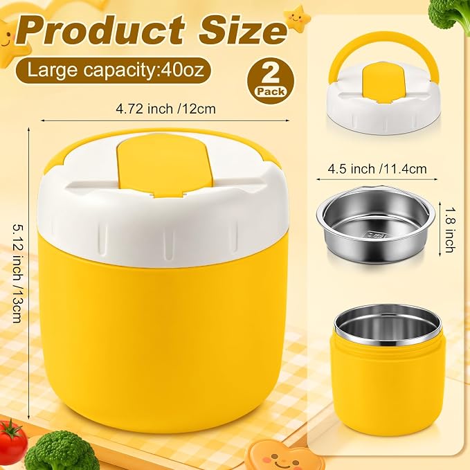 2 Pack 40 oz Insulated Food Jar with 2 Compartments, Stainless Steel Double Wall Vacuum Lunch Box Keep Hot & Cold, Leak-Proof Wide Mouth Soup Container with Spoon & Bag (Green,Yellow)