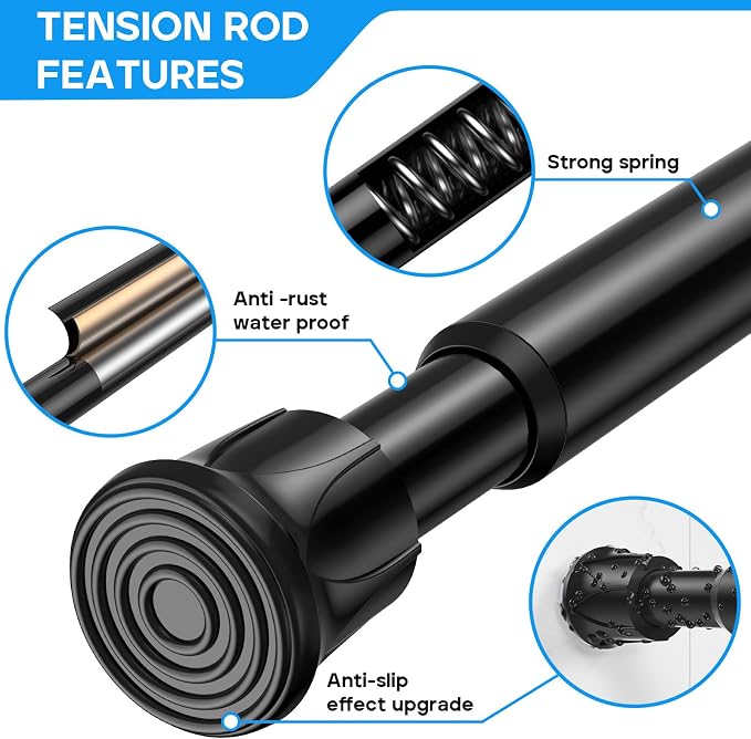 2 Pack Black Spring Tension Curtain Rods 28-38 Inches, Spring Loaded Curtain Rods No Drilling, Adjustable Small Tension Rod for Windows, Kitchen, Doorway, Bathroom, Closet