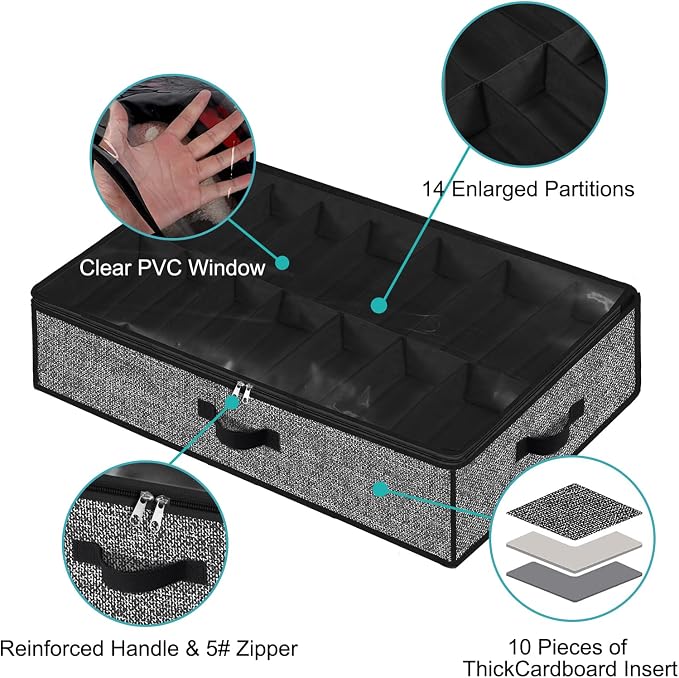 Under Bed Shoe Storage Organizer for Closet 2 Pack- Fits 28 Pairs Underbed Shoes Container Boxes with 2 Sturdy Handles and Clear Window Black