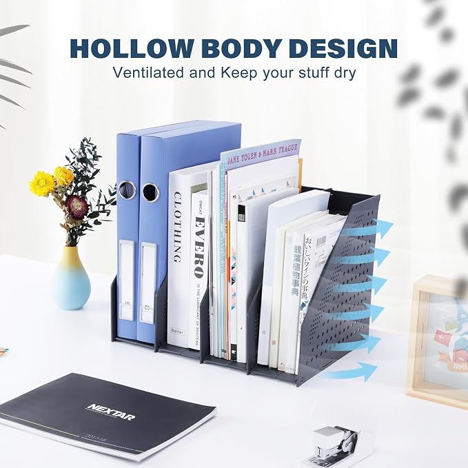 FRETONBA Collapsible Magazine File Holder, 4 Vertical Compartments | Foldable Space-Saving, Sturdy Plastic Binder Holder, Compact for Desk or Shelf, for Office & Home, Easy Access, Dark Gray