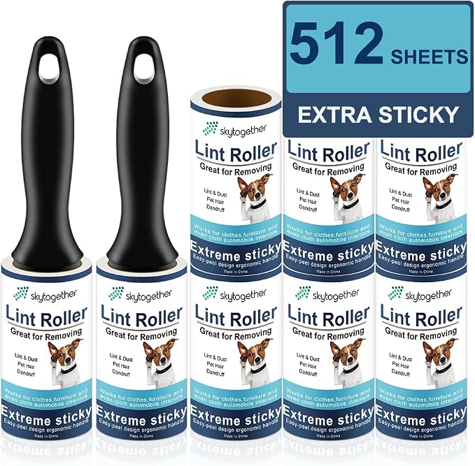 Lint Rollers for Pet Hair, 512 Sheets, 8 Refills + 2 Handles | Extra sticky removes dog cat fur, dust, fuzz, lint from clothes, couch, furniture & car seats. Travel size, easy tear sheets