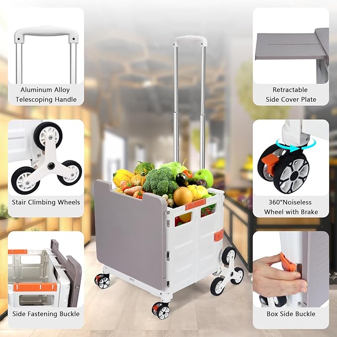 Foldable Utility Cart Collapsible Portable Crate Rolling Carts with Stair Climbing Wheels Tote Basket with Magnetic Lid Telescopic Cover Wear-Resistant 360°Rotate Wheel Noiseless for Shopping Office