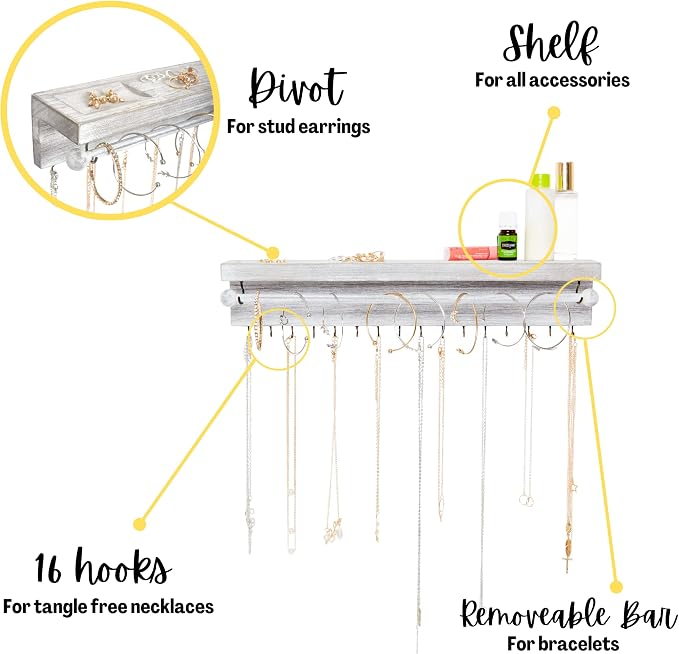 Rustic White Necklace Jewelry Organizer - Wall Mount Jewelry Holder - Mounted Hanging Jewelry Storage Hooks for Necklace, Earrings, and Rings - Farmhouse Wood Decor Bedroom Boho Shelf Rack