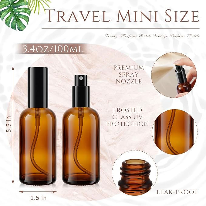 Roshtia 30 Pcs Glass Spray Bottle Clear Empty Bottles Small Refillable Reusable Perfume Bottle with Fine Mist Sprayer Pump for Face Body Travel(3.4 oz,Black Amber)