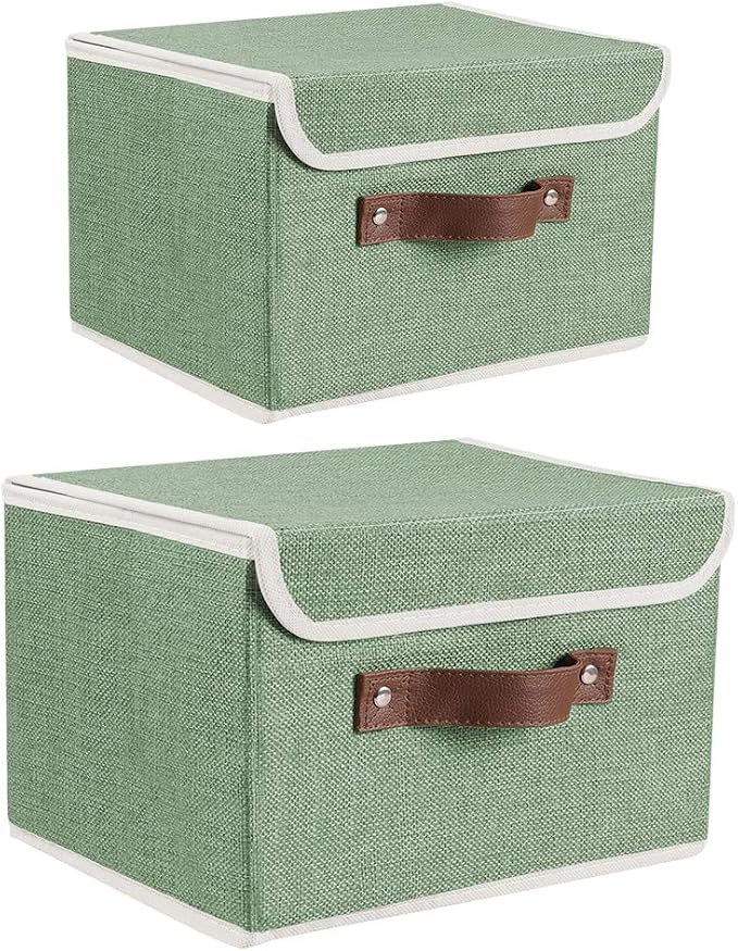 2Pack Storage Bins Boxes with Lids 15"x10"x10" Decorative Storage Baskets | Cotton Linen Fabric, Collapsible, Faux Leather Handles, Storage Cubes, Closet Shelf Clothes Organizer Container, Green