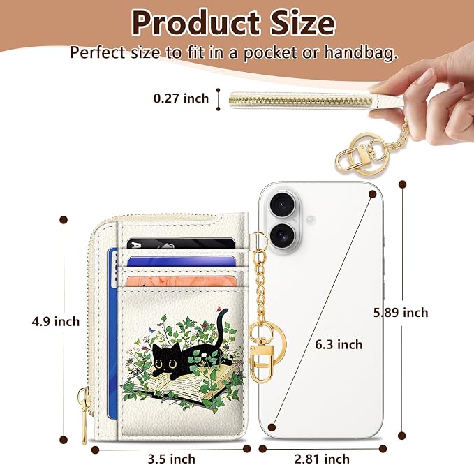 GIANCOMICS Slim Wallet Credit Card Holder Women, Black Cat Rfid Blocking Small Card Case, Keychain Thin Pocket Curved Zipper Wallet, Travel Card Holder PU Leather ID Window, Ladies Female Gifts
