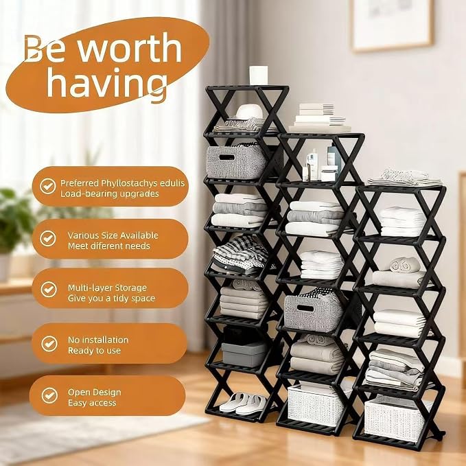 Vertical Narrow Shoe Rack Black, 6 Tier Portable Folding Shoe Storage Rack, Without Installation Free Standing Shoe Rack for Corridors, Bedrooms Living Room Corner and Small Spaces