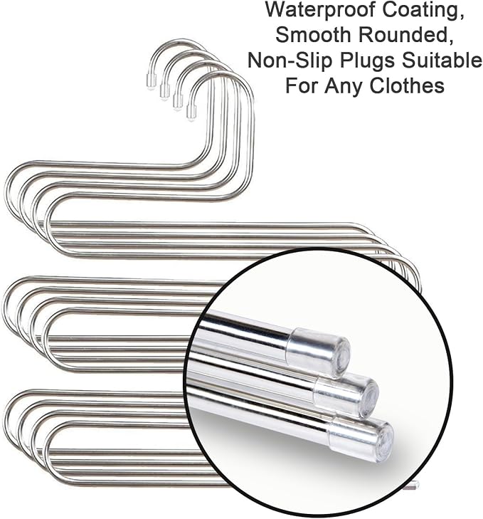 devesanter Pants Hangers Non-Slip S-Shape Trousers Hangers Stainless Steel & Rubber Clothes Hangers Closet Storage Organizer for Pants Jeans Scarf (6 Pack with 10 Clips)