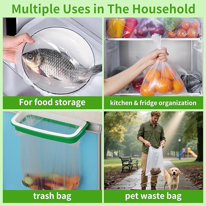 Food Storage Bags, 10” x 14”Plastic Produce Bags on a Roll, Clear Plastic Bag for Food, Fruit, Vegetable, Refrigerator Storage, Kitchen, 500 Bags/Rol