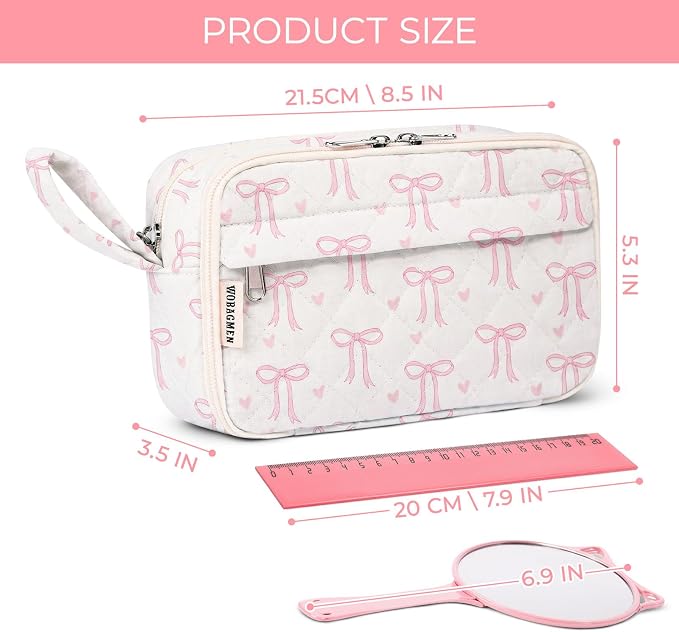 WOBAGMEN Quilted Pencil Pouch for Girls Women, Large Pencil Case Pouch with Compartments Cute Aesthetic Pencil Case Organizer, Floral Pencil Bag for School Supplies (Pink Bow)