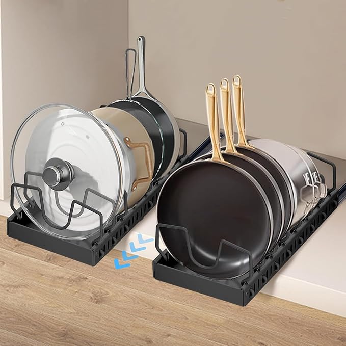 XIAPIA 2 Pack Pull Out Pots and Pans Organizer Under Kitchen Cabinet | Pot Lid Organizer, Slide Out Cookware Storage Rack with 8 Adjustable Dividers, Pull Out Shelves for Dishware Seasoning, Black