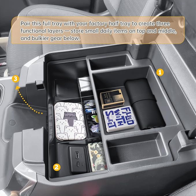 Center Console Organizer Tray for 2022-2026 Chevy Silverado & GMC Sierra | For Refreshed 2022-2026 Silverado/Sierra 1500 & 2024-2026 Silverado/Sierra 2500HD 3500HD, Full Console w/Bucket Seat ONLY