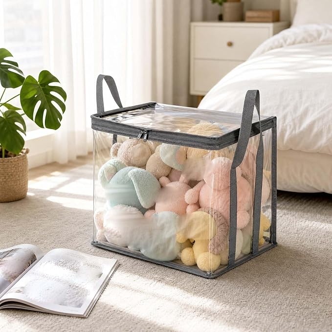 Large Clear Thick Plastic Storage Box with Hinged Lid, Heavy-Duty Durable High Capacity Organizer, Foldable Storage Box,Perfect for Home, Camping, Travel, Attic & Moving (Gray-L-3)