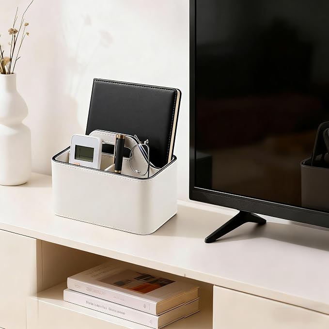 PU Leather Remote Control Holder, Desk Caddy Organizer with Handle Beige | 3 Compartments Portable Remote Organizer, Remote Caddy Bedside Holder for Office Storage Supply Organizer