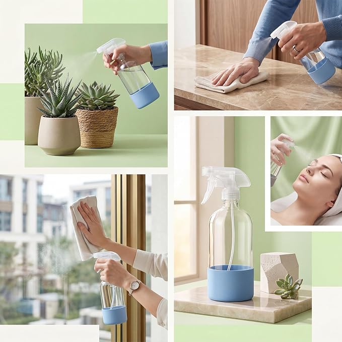 GIRAVO Glass Spray Bottles for Cleaning, 12 Pack 16 oz Refillable | Glass Mister Bottles, Silicone Sleeves, Adjustable Nozzles, Labels & Funnel Included, For Home, Plants, Hair