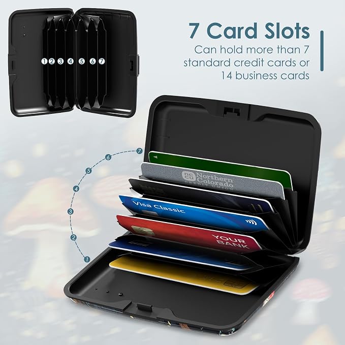 Mini Metal Wallet Credit Card Holder Business Card Case Slim Metal ID Case for Men Women, Cute Mushrooms