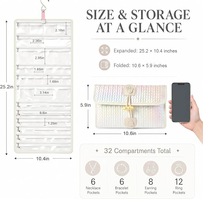 32-Pocket Hanging Jewelry Organizer and Foldable Travel Roll | Clear Zippered Pockets, Necklace Clasps, Swivel Hook and Carry Buckle Keep Pieces Visible and Tangle-Free, White