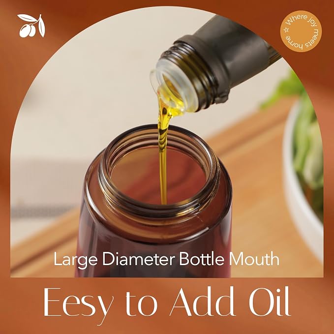 YARRAMATE 16oz/470ml Light Blocking Oil Sprayer for Cooking with Stickers, Food-Grade 2 in 1 Olive Oil Dispenser Bottle for Kitchen, Premium Dark Amber Glass Oil Bottle for Air Fryer, BBQ (Pomelo)