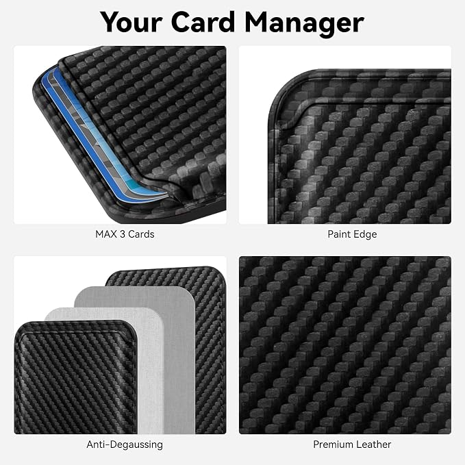 Magnetic Cell Phone Card Holder for Phone Case with Mag Safe, Stronger Magnetic RFID Leather Phone Wallet Stick on Series of iPhone 17/16/15/14/13/12 and Pro/Promax, Carbon Fiber Black