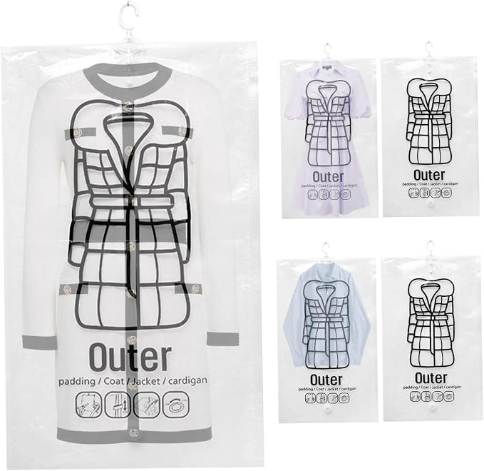 5Pcs Vacuum Bags for Clothes Space Saving Vacuum Seal Bag Hanging Storage Bag with Hooks ＆ Zip 26.4x43.3 Inch Dustproof Reusable Compressed for Clothing Closet Organizer