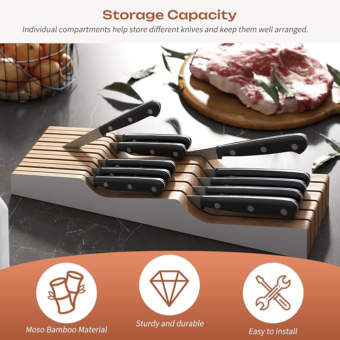 In-Drawer Knife Block Organizer - Bamboo Wood Drawer Knife Organizer-Protecting Knife Organizer Block (Not Included) (White, 11 Knives Dock)