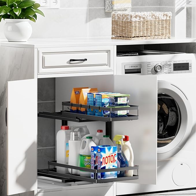 2 Pack Under Sink Organizers and Storage, Heavy Duty Metal Pull Out Cabinet Organizer with Ball-Bearing Slides, Height Adjustable L-Shaped Shelf for Kitchen & Bathroom (1-Pack)