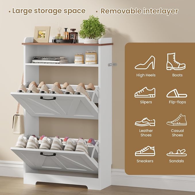 Shoe Cabinet Organizer with 2 Flip Drawers, Farmhouse Narrow Shoe Storage Cabinet with 2 Adjustable Shelves & 2 Hooks, 23.6"W x 8.7"D x 41.8"H Shoe Rack for Entryway, Foyer, Hallway, White