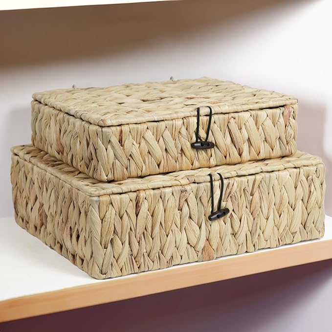 Wicker Basket with Lid, Set of 2 Decorative Storage Baskets Bins Boxes, Water Hyacinth Woven Basket for Storage, Flat Shelf Baskets for Organizing Home Decor