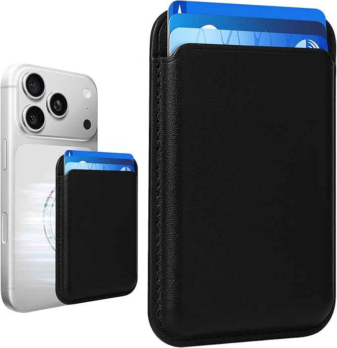 Magnetic Wallet Phone Card Holder for Phone Case with Mag-Safe, Stronger Magnetic RFID Leather Phone Wallet Stick on Series of iPhone 17/16/15/14/13/12 and Pro/Promax, Classic Black