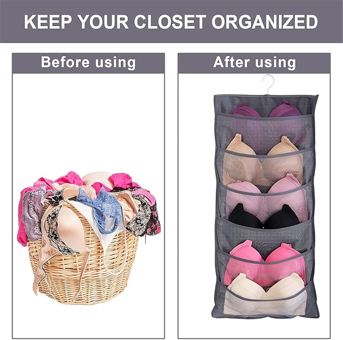 2Pcs Hanging Mesh Pockets Dual-Sided Closet Organizer for Underwear,Bra,Socks,Accessories with Hanger,Total 48 Pockets Grey