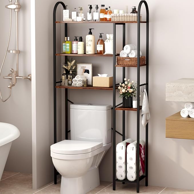 HOMEFORT Over The Toilet Storage with Side Rack, 6-Tier Over Toilet Storage Rack with Adjustable Shelf, Space Saver Bathroom Organizer for Laundry, Balcony, Kitchen,31.5"W x 9.4"D x 65"H,Rustic Brown