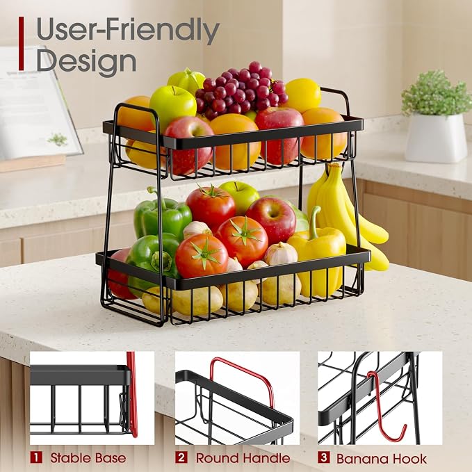 Sakugi Fruit Basket for Kitchen Counter - 2-Tier Fruit Bowl with Removable Banana Hanger & Handles, Rustproof Fruit Holder for Kitchen, Living Room, Bathroom, 13.4"×8.7"×11.7", Black