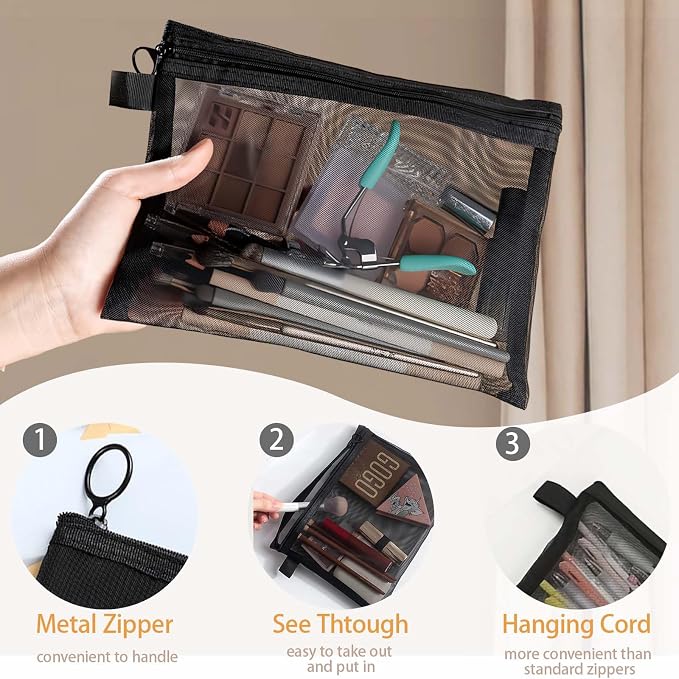 3 Pcs Mesh Zipper Pouch Makeup Bags Set, Portable Mesh Cosmetic Bag Travel Toiletry Storage Bags Pencil Purse Organizer Pouches for Home Office Daily or Traveling Accessories Keep Small Items( Black)
