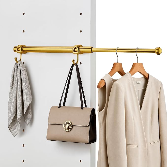 14" Valet Rod for Closets Pull Out, Closet Valet Rod Slide Out with 2 Hooks, Brushed Gold