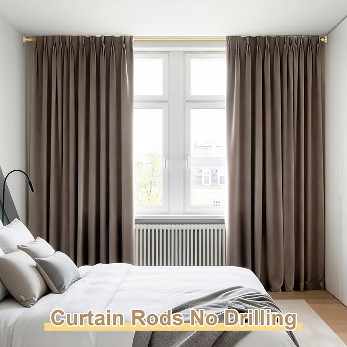 Gold Tension Curtain Rod 41-185In(4-15Ft), Extra Long Outdoor Curtain Rod No Drilling for Window or Patio, Heavy Duty Shower Rod for Bathroom,Rod Diameter 1.26In-One-bond stretching