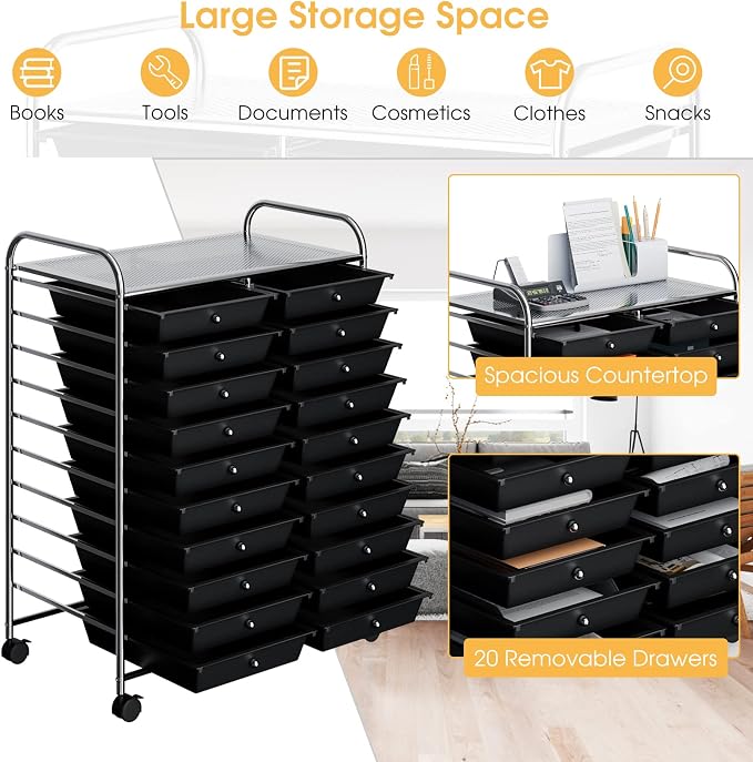 LDAILY 20-Drawer Rolling Storage Cart, Rolling Storage Cart, Storage Organizer on Wheels, Metal Frame, Scrapbook Paper Tools, Suitable for Office School, Classroom (Black, 20 Drawer)