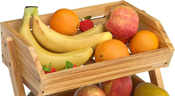 G.a HOMEFAVOR 2-Tier Pine Wood Fruit Basket, Self-assembly | Fruit Bowl for Kitchen Countertop, Vegetable Storage and Home Organizer