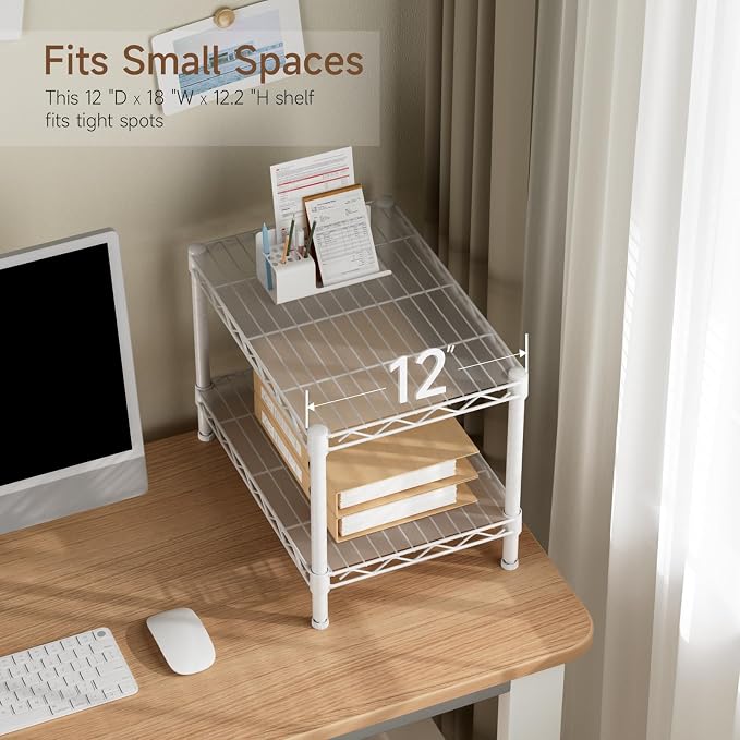 Golpart Small 2 Tier Shelves Storage Wire Shelving Unit Metal Shelf Gasket | 2 tier Shelving Adjustable Organizers Storage Shelving for Bathroom Laundry Room Kitchen Pantry 11.7”D x 17.7”W x 12”H White