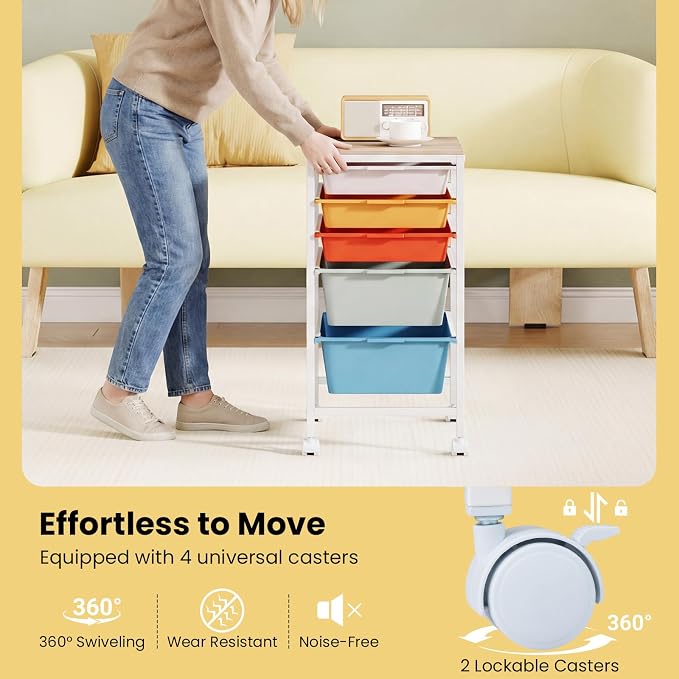 GOFLAME 5-Drawer Rolling Storage Cart, Craft Storage Cart with Wooden Tabletop and Lockable Wheels, Art Cart Supply Storage Organizer with Metal Frame for Home Office Classroom, Macaron Color