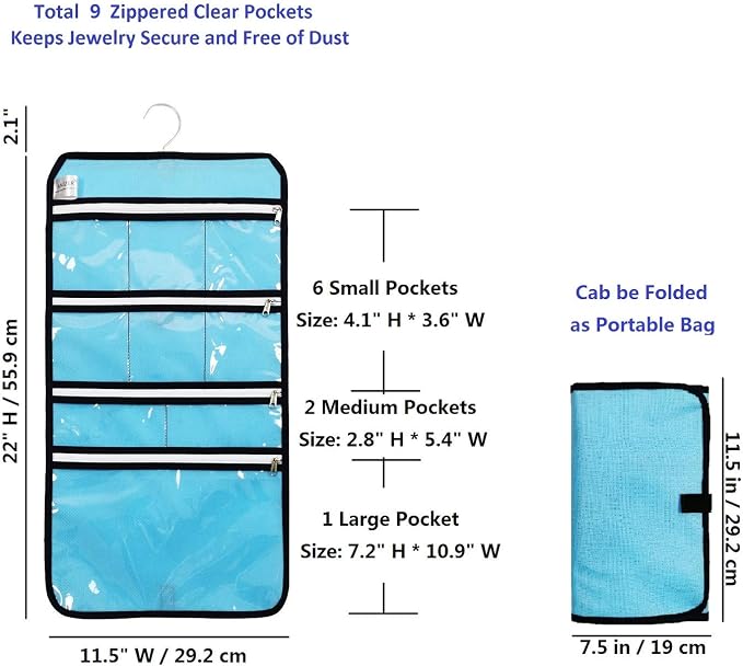 Travel Foldable Jewelry Rolls Bag Hanging Jewelry Organizer with 9 Zippered Clear Pockets Storage Pouch with Rotatable Hanger (BLUE)