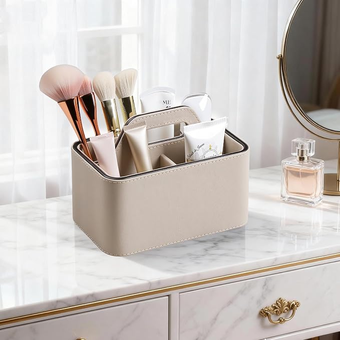 PU Leather Remote Control Holder, Desk Caddy Organizer with Handle Beige | 3 Compartments Portable Remote Organizer, Remote Caddy Bedside Holder for Office Storage Supply Organizer
